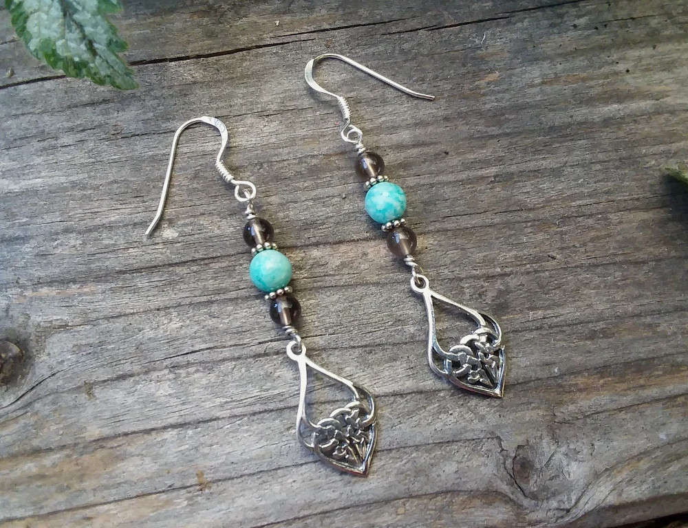 Amazonite and Smoky Quartz Bead Sterling Silver Celtic Earrings